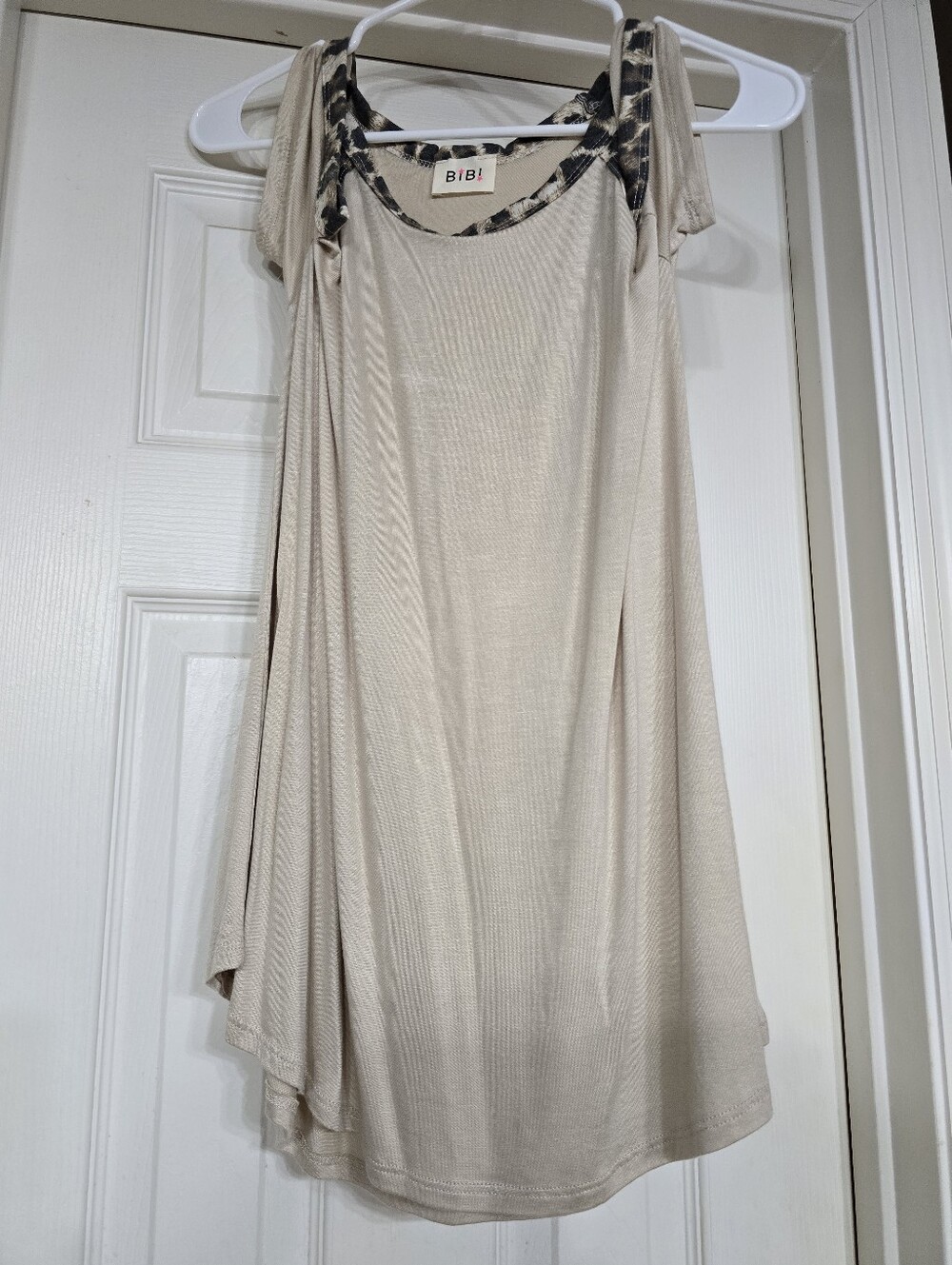 BiBi Beige Swing Tank with Leopard-Print Trim
